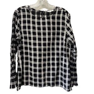 Beach Lunch Lounge Womens Size Medium Black White‎ Plaid Long Sleeve Peasant Top